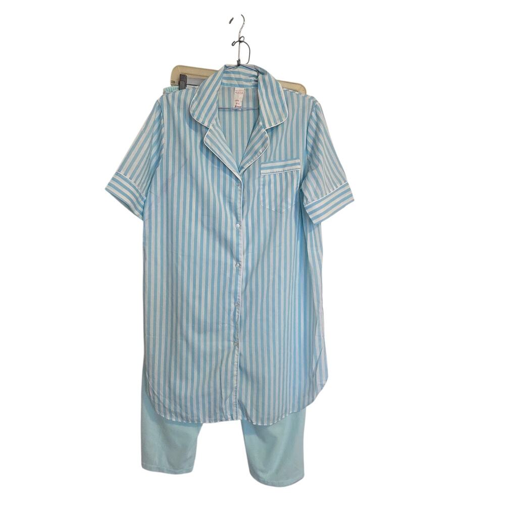 Vintage Blue Striped Sleep Shirt Pajama Nightshirt Button Front‎ Longline Sz Lrg